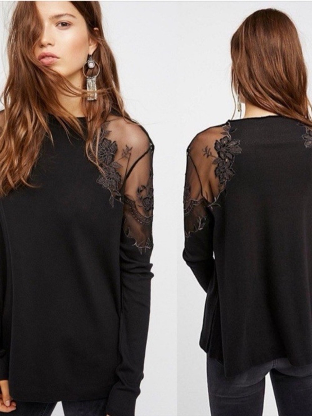 Free People Daniella Lace shoulder Top black Top Size S